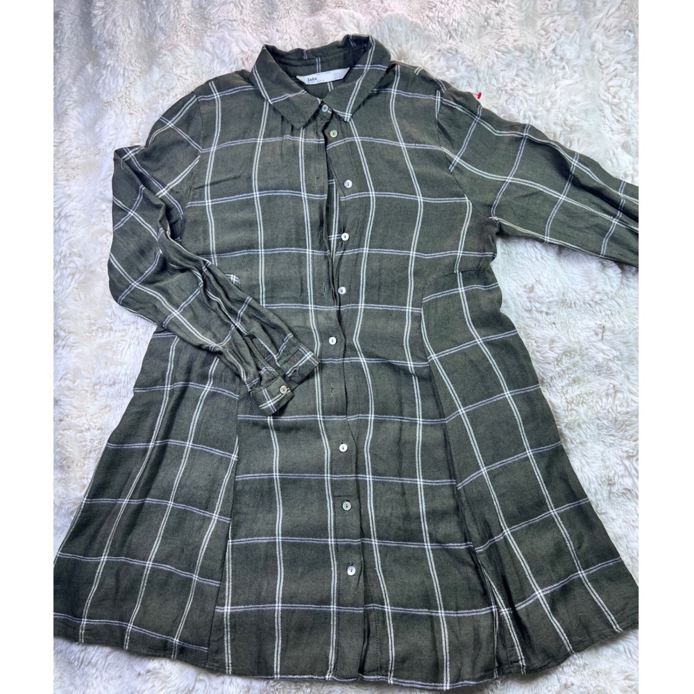 Zara Z1975 Denim Olive Green Windowpane Plaid Button Front Shirt Dress Small A40